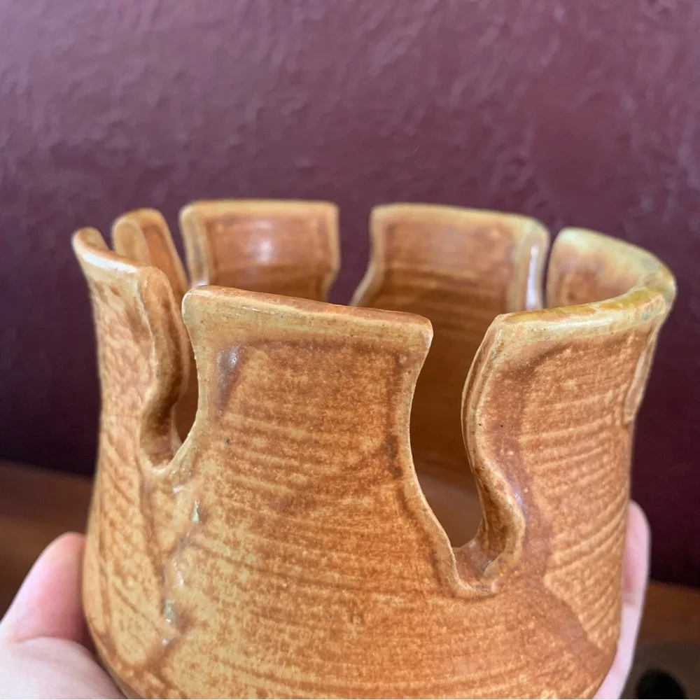Abstract Studio art stoneware pottery Vessel candle holder signed